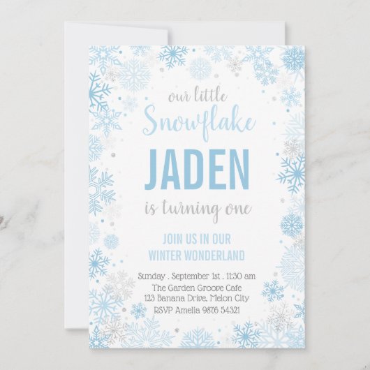 我々の小さな雪の結晶 | ボーイファースト誕生日 招待状 (正面)