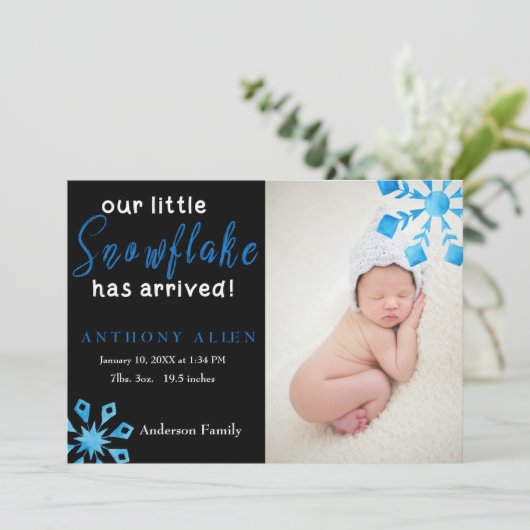 我々の小さな雪片が到着した出産の告知 招待状 (スタンド正面)