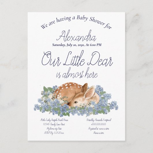 我々の小さな鹿親愛埃っぽい青い男の赤ちゃんシャワー ポストカード (正面)