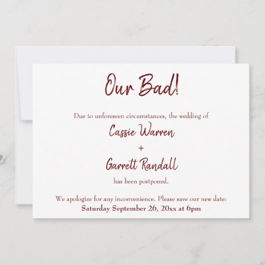 我々の悪いブルゴーニュは結婚発表を延期した 招待状 (正面)