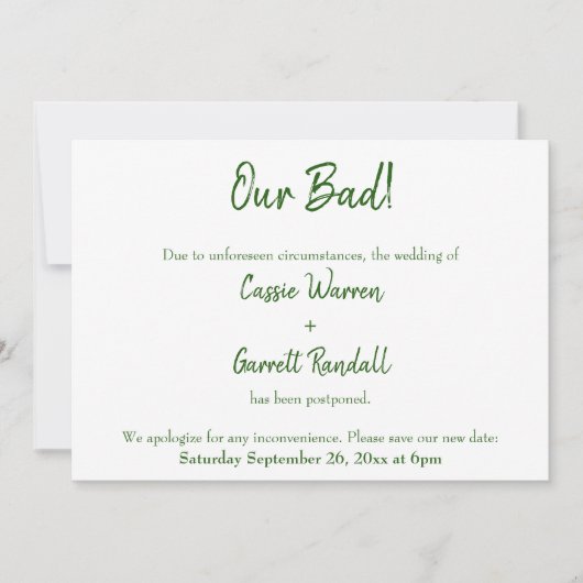 我々の悪い緑の白は延期結婚発表 招待状 (正面)