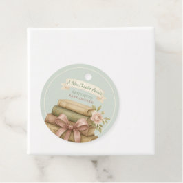 我々の新しいチャプターがピンクの弓ベビーシャワーを待つ フェイバータグ