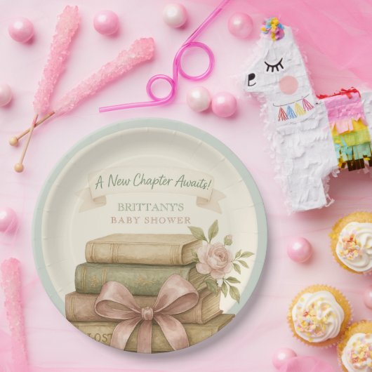我々の新しいチャプターがピンクの弓ベビーシャワーを待つ ペーパープレート (パーティー)
