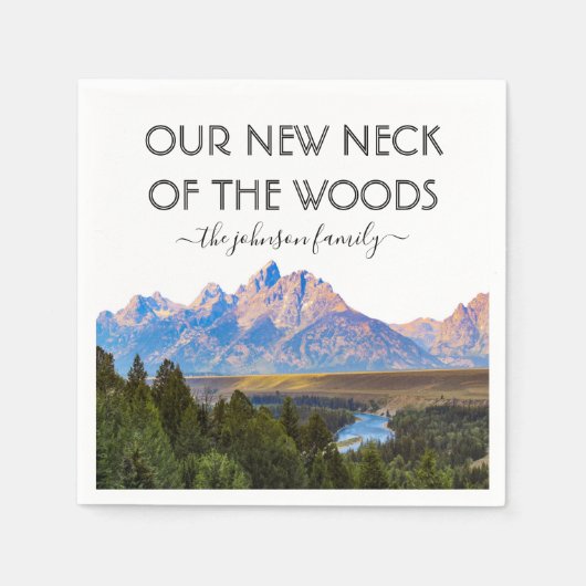 我々の新しいネックオブザウッズ引っ越し祝いパーティーパーティー スタンダードカクテルナプキン (正面)