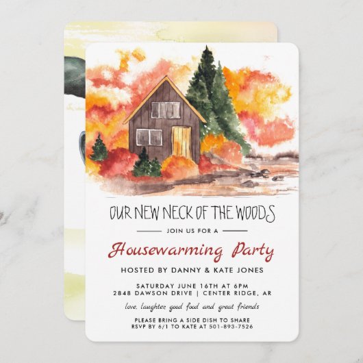 我々の新しいネックオブザウッズ引っ越し祝いパーティーパーティー 招待状 (正面/裏面)