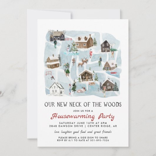 我々の新しいネックオブザウッズ引っ越し祝いパーティーパーティー 招待状 (正面)