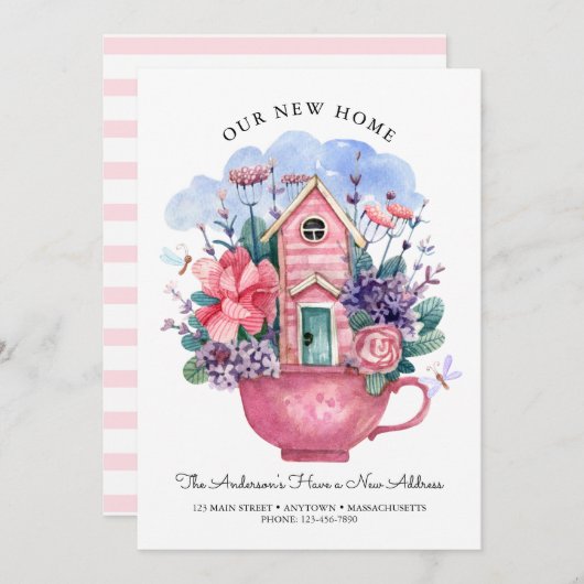 我々の新しいホームウォーターカラーピンクティーカップフローラ (正面/裏面)