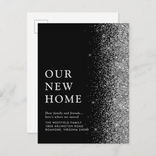 我々の新しいホームエレガントシルバーグリッターブラックムービング 案内ポストカード (正面/裏面)
