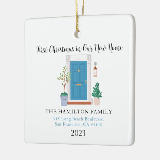 我々の新しいホーム初めてのクリスマスブルーフロントドア セラミックオーナメント (左)