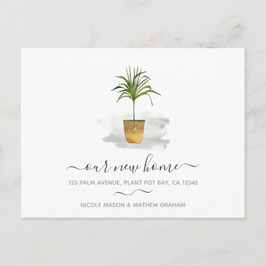 我々の新しいホーム鉢植えのヤシの植物の移動のお知らせ ポストカード (正面)