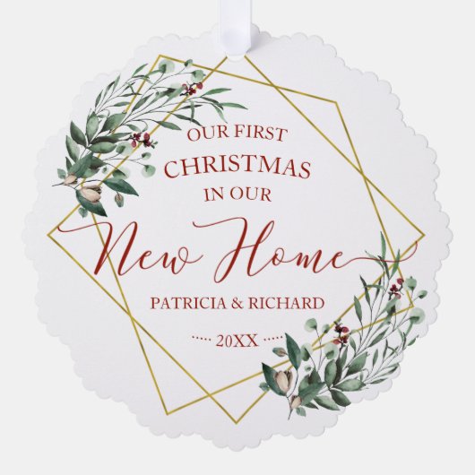 我々の新しい家で初めてのクリスマスを緑にする オーナメントカード (正面)
