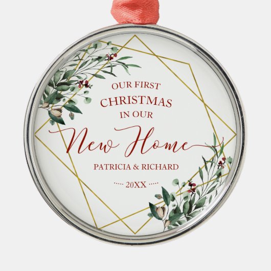 我々の新しい家で初めてのクリスマスを緑にする メタルオーナメント (正面)