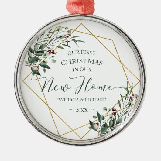 我々の新しい家で初めてのクリスマスを緑にする メタルオーナメント (正面)