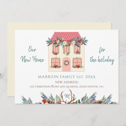 我々の新しい家のための休日ピンクの家を移動 案内状 (正面/裏面)