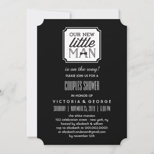 我々の新しい小さな男は男の子の赤ちゃんシャワーを途中にある 招待状 (正面)