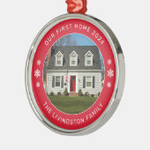 我々の最初のホームレッドパーソナライズされた写真 メタルオーナメント (左)