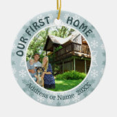 我々の最初の家、ティール(緑がかった色)と白い雪、2つの写真 セラミックオーナメント (正面)