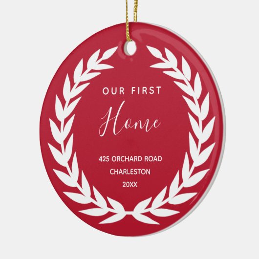 我々の最初の家 |赤と白引っ越し祝いパーティー セラミックオーナメント (左)