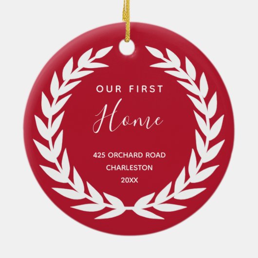 我々の最初の家 |赤と白引っ越し祝いパーティー セラミックオーナメント (裏面)
