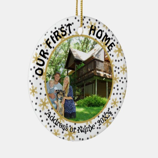 我々の最初の家、金ゴールド雪、2枚の写真の両面 セラミックオーナメント (右)