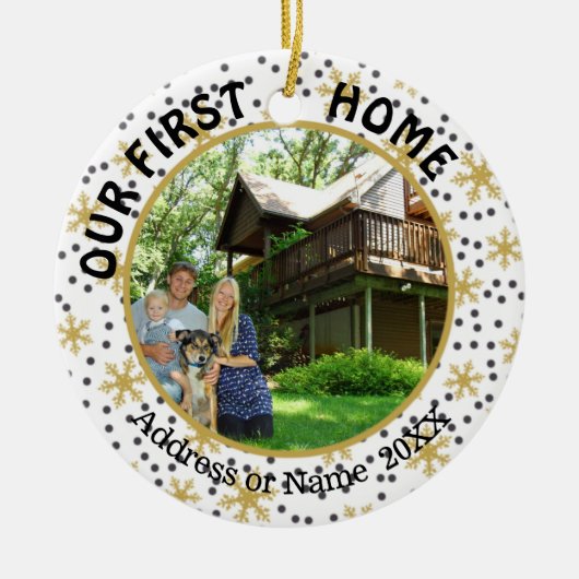 我々の最初の家、金ゴールド雪、2枚の写真の両面 セラミックオーナメント (正面)