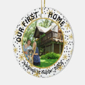我々の最初の家、金ゴールド雪、2枚の写真の両面 セラミックオーナメント (左)