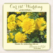 我々の最初結婚の記念日のイエローカーネーション スクエアペーパーコースター (正面)