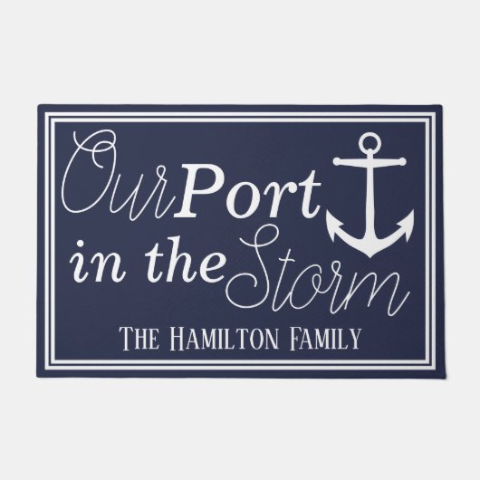 我々の港インザストームホワイトいかり |パーソナライズされた | ドアマット (正面)