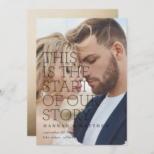 我々の物語の現代的な始まり金ゴールド結婚タイポグラフィ セーブザデート (正面/裏面)