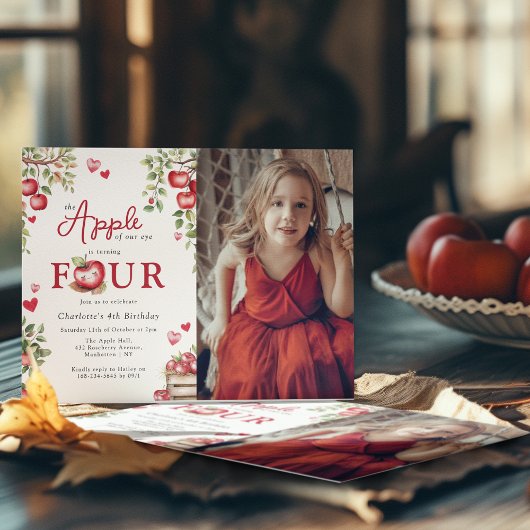 我々の目の甘いリンゴ | 写真4歳の誕生日 招待状