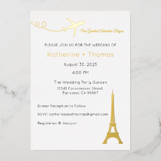 我々の素晴らしアドベンチャーは招待状、パリを始める 箔招待状 (正面)