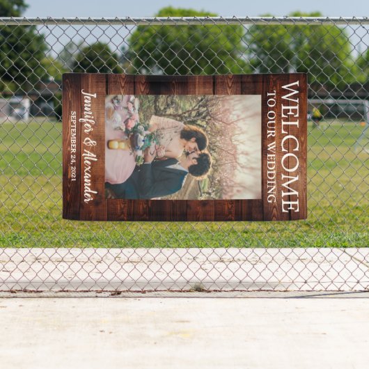 我々の素朴な結婚納屋の木材へようこそ結婚 横断幕 (インサイチュ)