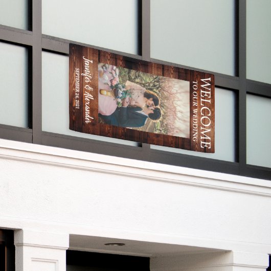 我々の素朴な結婚納屋の木材へようこそ結婚 横断幕 (ビルの外側)