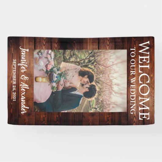 我々の素朴な結婚納屋の木材へようこそ結婚 横断幕 (横)