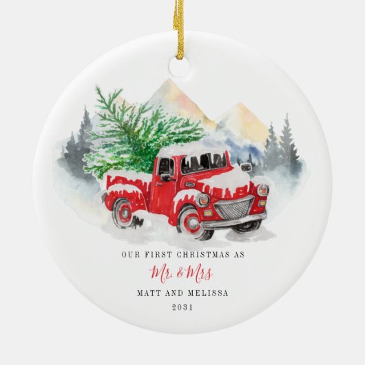 我々の結婚した初めてのクリスマスはミスター・アンド・ミセス・レッド・トラック セラミックオーナメント (裏面)