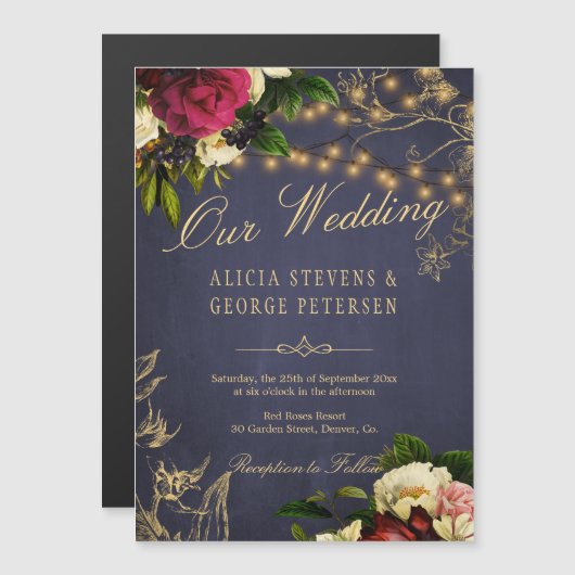 我々の結婚金ゴールドタイポグラフィフローラブルゴーニュ海軍 マグネット招待状 (正面/裏面)