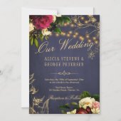 我々の結婚金ゴールドタイポグラフィフローラブルゴーニュ海軍 マグネット招待状 (正面)