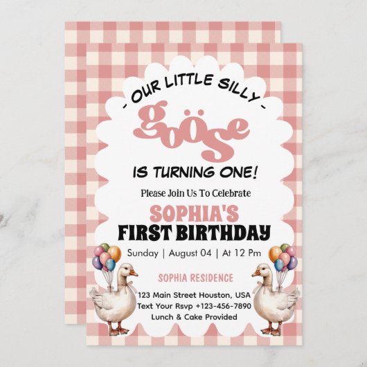 我々の間抜け小さなガチョウ1st最初の誕生日パーティー 招待状 (正面/裏面)