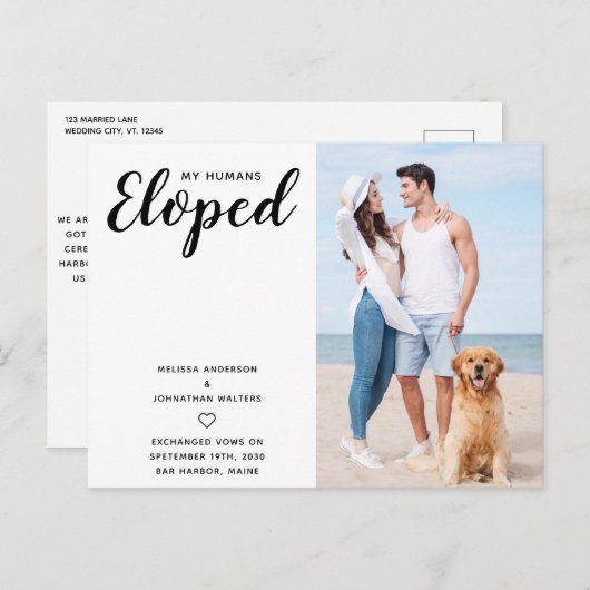 我々はたった今結婚しました犬結婚の駆け落ち 案内ポストカード (正面/裏面)