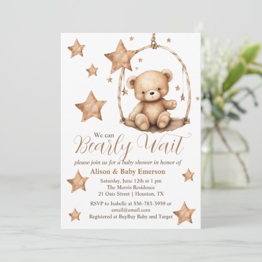 "我々はほとんど待つことができない"ゆりかごの赤ちゃんシャワー招待状 招待状 (スタンド正面)