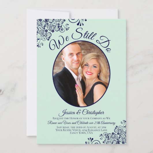 我々はまだネイビー・ブルー&ミントの結婚誓いの更新を行う 招待状 (正面)