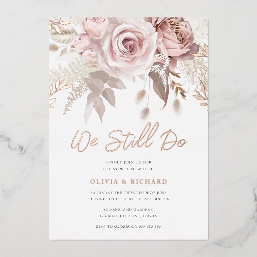 我々はまだバラ金ゴールド赤面フローラ誓の更新を行う 箔招待状 (正面)