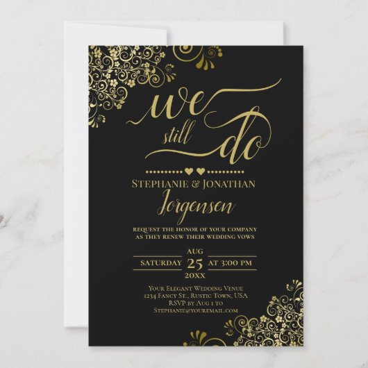 我々はまだブラック&エレガント金ゴールドの誓いの更新を行う 招待状 (正面)