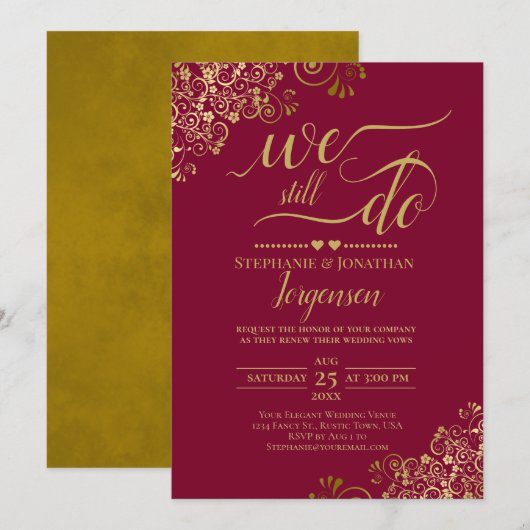 我々はまだブルゴーニュエレガントーと金ゴールドの誓いの更新を行う 招待状 (正面/裏面)
