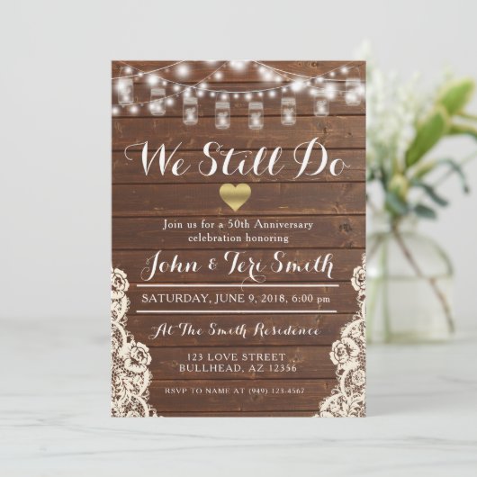 我々はまだ任意の年の木の文字列ライトBurlap Invを行う 招待状 (スタンド正面)