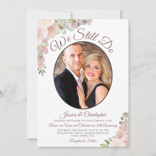 我々はまだ赤面ピンクのフローラと写真の誓いの更新を行う 招待状 (正面)