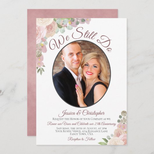 我々はまだ赤面ピンクのフローラと写真の誓いの更新を行う 招待状 (正面/裏面)