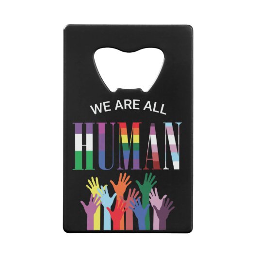 我々はみな人間の手カラフルだ クレジットカード栓抜き (正面)