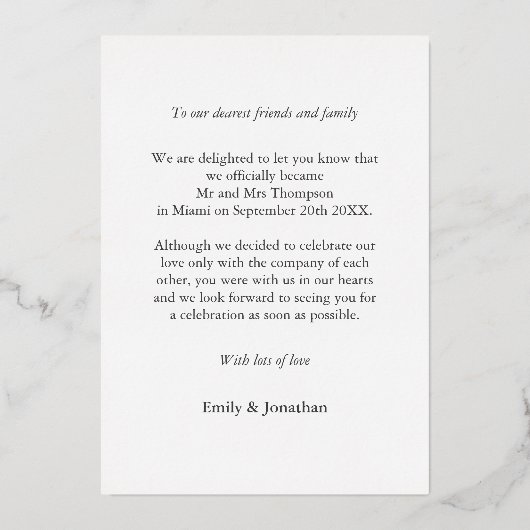 我々はアナウンスフォトラグジュアリーを駆り落とし実在た 箔招待状 (裏面)