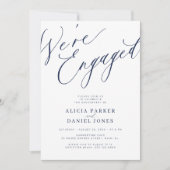 我々はエレガントネイビー婚約したホワイト婚約パーティ 招待状 (正面)